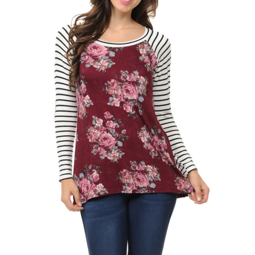 Floral Top with Stripe Sleeve and Elbow Patch